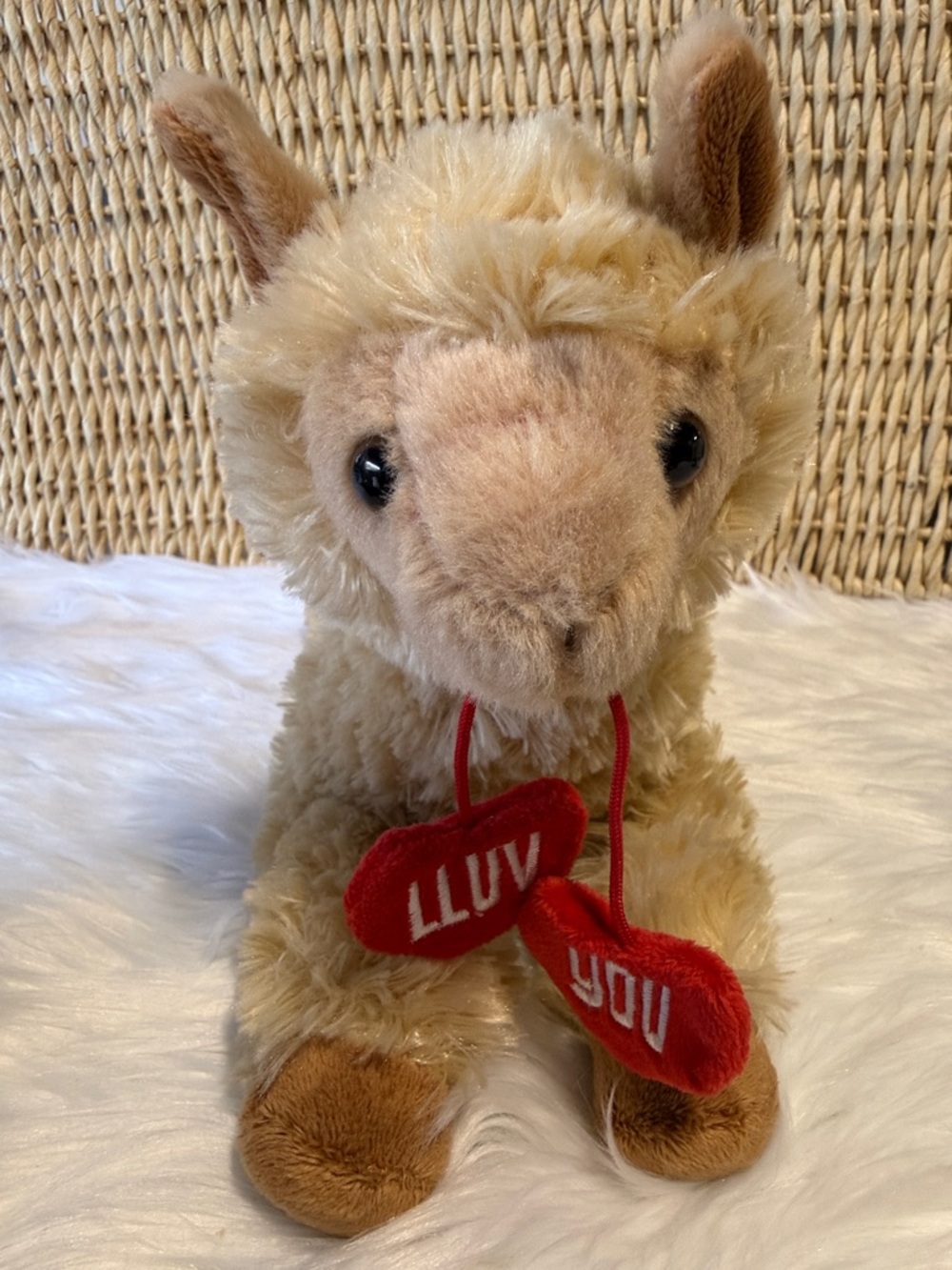 Cream Plush Llama Stuffed Animal with Red Heart Tags